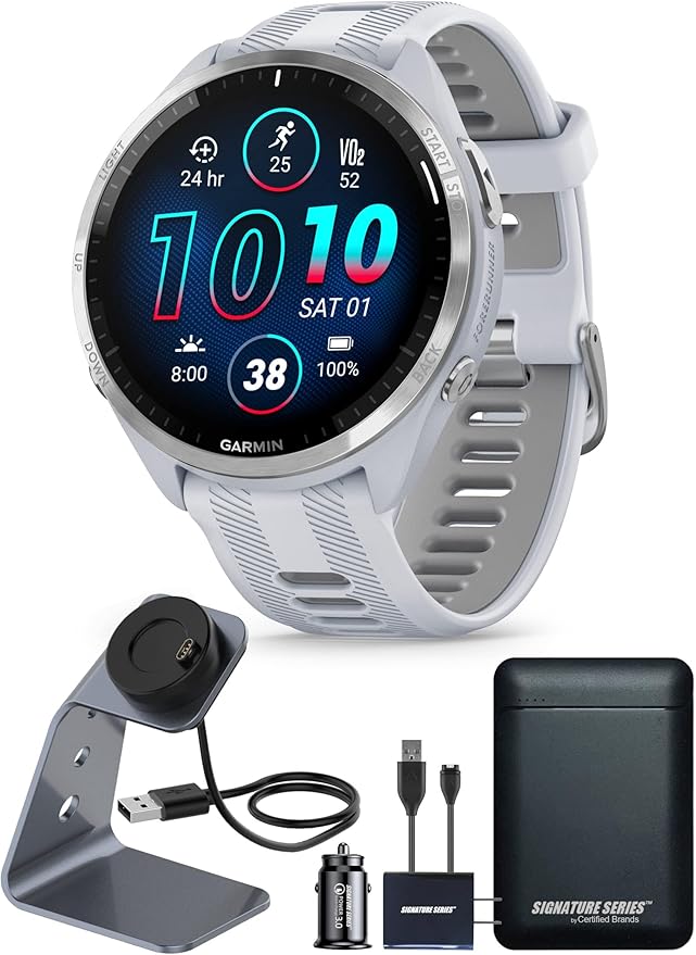 Garmin Forerunner 965 Advanced GPS Multisport Touchscreen Smartwatch, Whitestone, Heart Rate Monitor, On-Device Workouts, Up to 13 Day Battery Life w/Signature Series Power Bundle