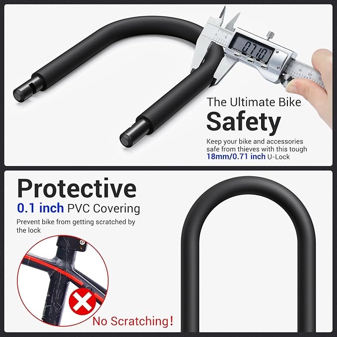 Sportneer Bike U Lock: 18mm Shackle Heavy Duty Bike Lock with 6ft Security Steel Cable - Bicycle U-Locks with Keys and Sturdy Mounting Bracket for Road Mountain Bike Bicycle, Size 7.87''x6.3''