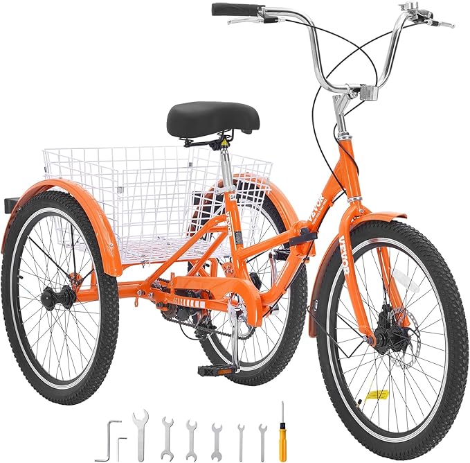 VEVOR Folding Adult Tricycle,Adult Folding Trikes, 3 Wheel Cruiser Bike with Large Basket & Adjustable Seat, Shopping Picnic Foldable Tricycles for Women, Men, Seniors