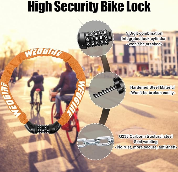 Bike Lock with Numbers and high Security Level, Bike Chain Lock, Bicycle Locks, 5 Digit Combination Lock for Bike, Bicycle, Scooter, Motorcycle, Door, Gate, Fence