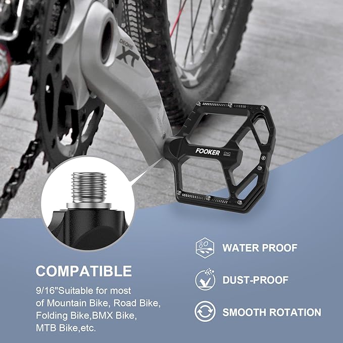FOOKER Mountain Bike Pedals,Non-Slip Bicycle Flat Pedals Aluminum 9/16",MTB Pedals Wide Platform Pedals for Mountain Bike, BMX, Road Bike Pedals