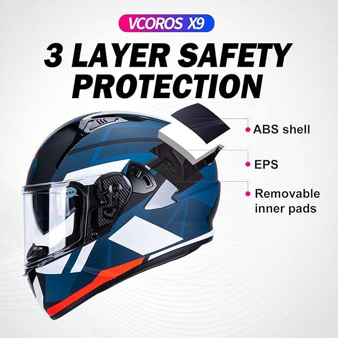 VCOROS Full Face Dual Visor Motorcycle Helmet for Adults Motorbike Street Bike Racing Helmets X9 DOT Approved with Black Visor