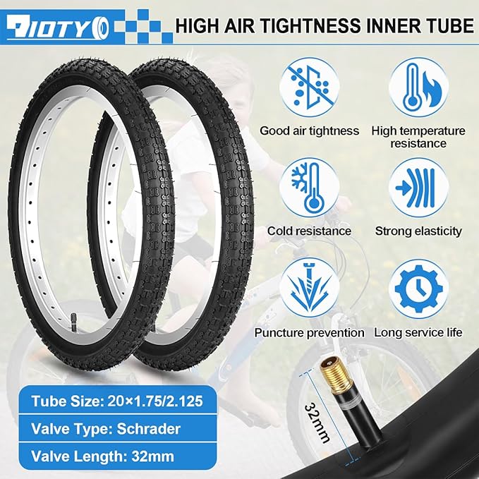 20x1.95/2.125 Road Bike Tire Set, 20 Inch 53-406/57-406 Folding Replacement Cruiser Bicycle Tire and Tube Combo with Levers, Puncture-Resistant 20" Premium Butyl Rubber Tires for BMX MTB Off-Road Bike