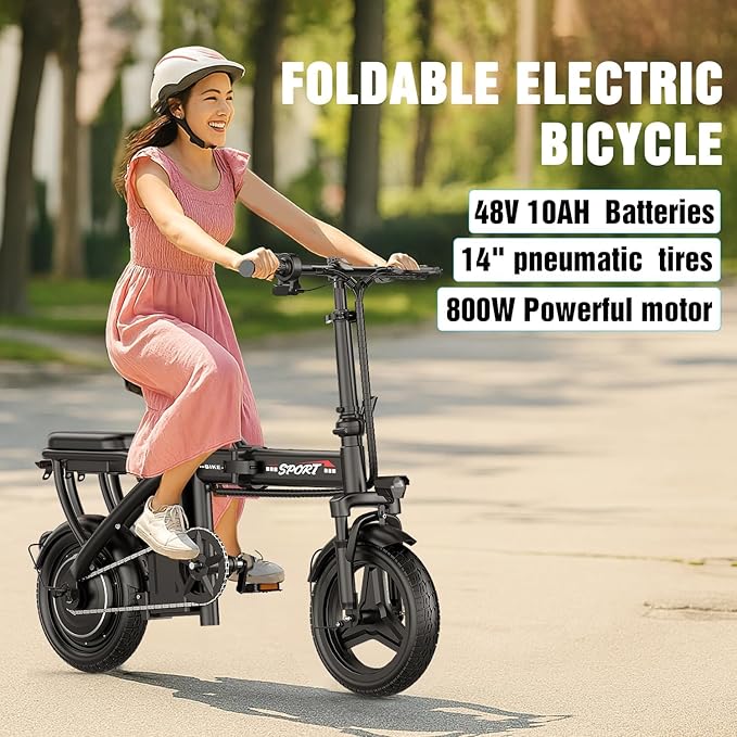 ASKGO Electric Bike for Adults Teens, 800W/1200W Peak Folding Ebike, 22/25MPH, 30-45 Miles Range, E-Bike with Dual Brake & Multi Suspension, 14" Portable Electric Mini Bike for Commuting