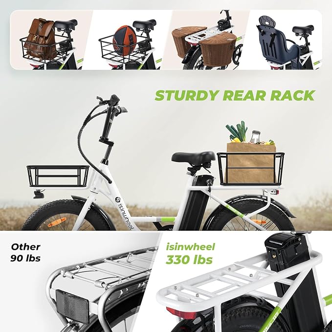 isinwheel U7 E Bike for Adults Electric Bike with Dual Cargo Rack, 48V 1000W Peak Ebikes for Adults, 7 Speed Gear, 20mph Step Thru Cruiser Electric Bicycles, 20" × 3“ Fat Tire Ebike