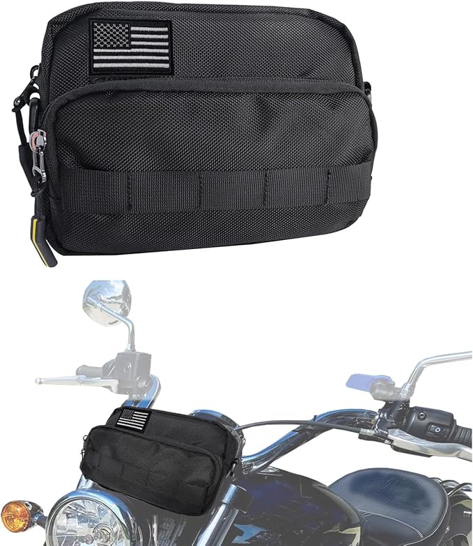 Larswon Motorcycle Handlebar Bag – Water Resistant Front Fork Pouch Storage Compatible with Cruiser, Softail, Dyna, Sportsters, Dirt Bike & Bicycle | Detachable Strap | Customizable Patch Black