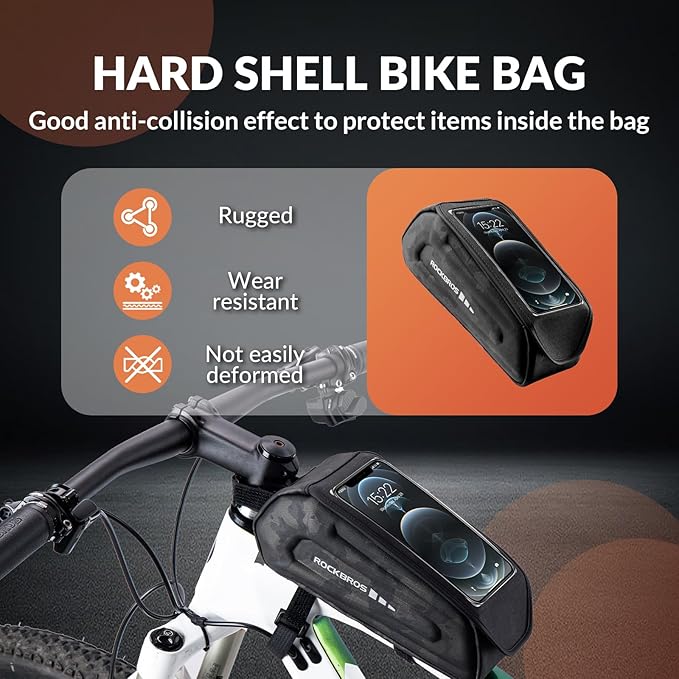 ROCKBROS Bike Phone Mount Racks & Bag, Oversized EVA Waterproof Bike Phone Holder Top Tube Front Frame Bag Bicycle Accessories Pouch for Phones Under 7.5” (Camo-1.7L(Flip-top design))