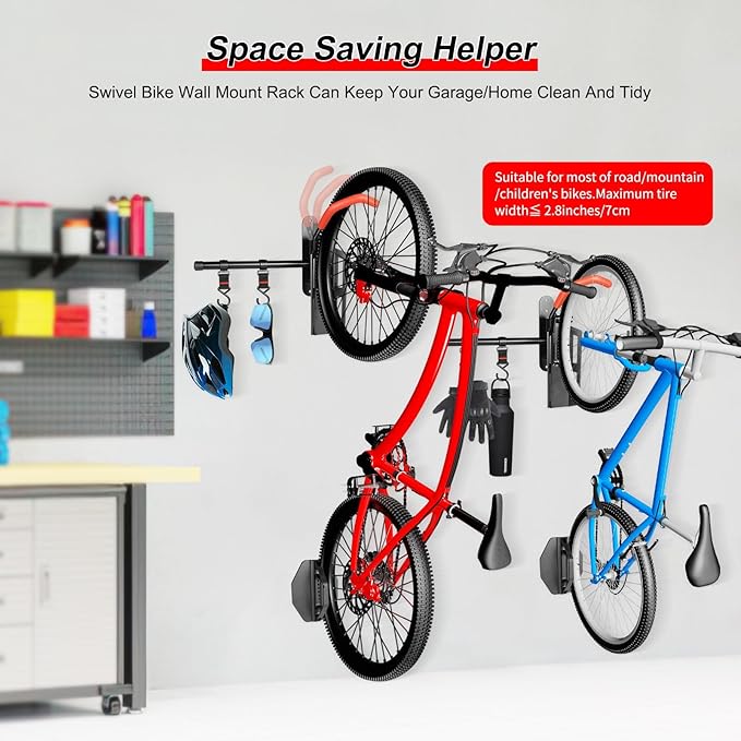 Bike Storage Rack Wall Mount,Swivel Vertical Mountain Road Bike Rack Hanger For Garage Indoor Use,Heavy Duty Metal Bicycle Storage Rack Holder Space Saving W/Extendable Storage Hook,Holds Up to 77lbs