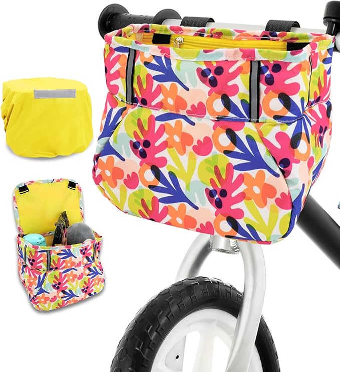 ANZOME Kids Bike Basket, Colorful Blocks Large Bicycle Basket, Bicycle Handlebar Bag, Waterproof Fabric Colorful Bike Basket for Women, Men, Kids