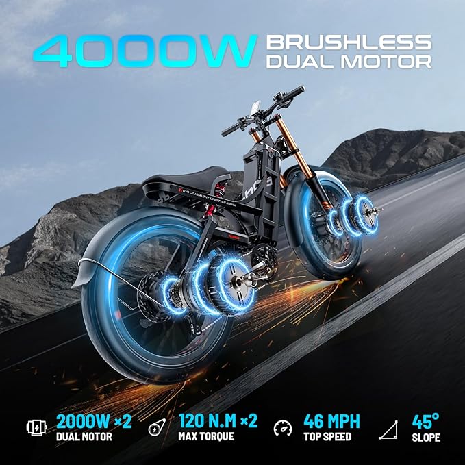 (2025 Version) Eahora Romeo Pro 2 4000W Dual Motor Ebike,46MPH 52V 70AH Battery 200Miles Long Range Ebike,Full Suspension 26'' Fat Tire Electric Bike for Adults with APP Control