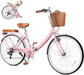 26Inch Foldable Women Bike, Womens Folding Bike with Basket, 7 Speed Beach Cruiser Fodable Bike for Women with Cushion, V-Brakes, Quick Install for Adults, Womens (Pink)