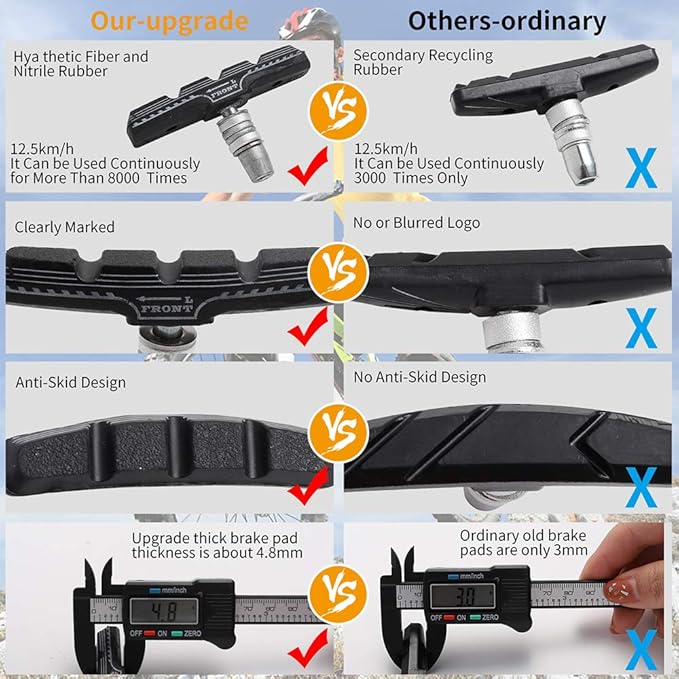 Bike Brakes Pads Set, Brakes Kit, Road Mountain Cycle Bicycle Rubber Universal V-Brake Blocks Shoes with Hex Nut Tools and Shims, No Noise No Skid, 70mm, Fits Most Bikes MTB City Folding Bike Pads
