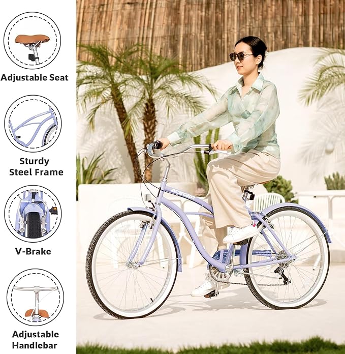 ACEGER 24 26 Inch Women Beach Cruiser Bike, Single Speed and 7 Speed, Adult Hybrid Bike Commuter Bicycle, Hi-Ten Steel Frame with Adjustable Handlebar and Saddle, Multiple Colors