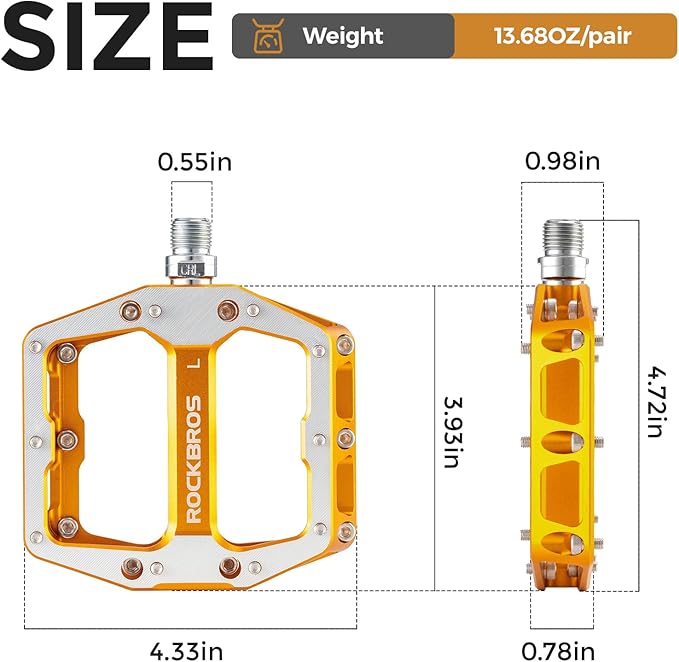 ROCKBROS Mountain Road Bike Pedals Durable CNC Machined Wide Flat Pedal Non-Slip Lightweight Aluminum Alloy，with Smooth Sealed Bearings for 9/16" Bicycle, MTB, E-Bike