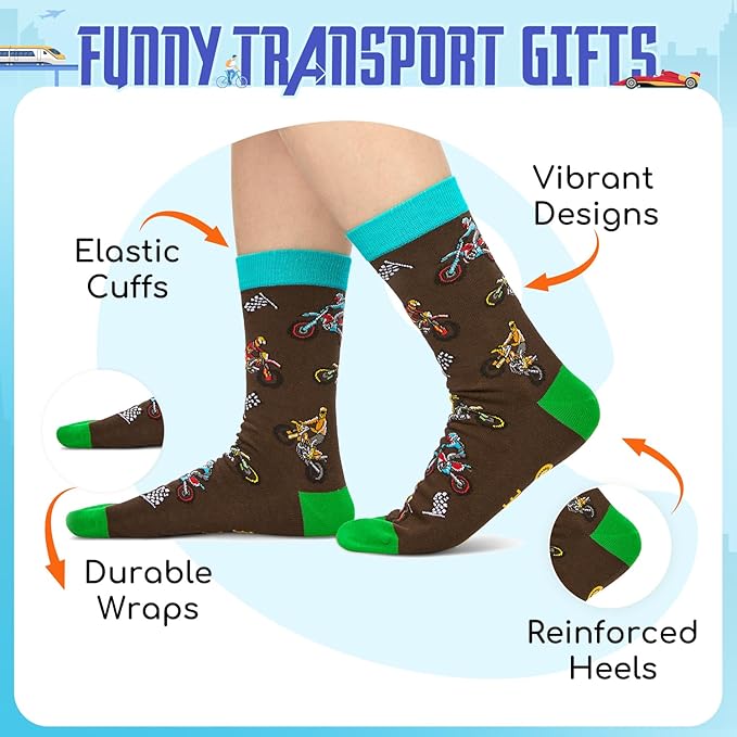 Zmart Funny Transportation Gifts - Race Car Train Motorcycle Tractor Bike Socks for Adult