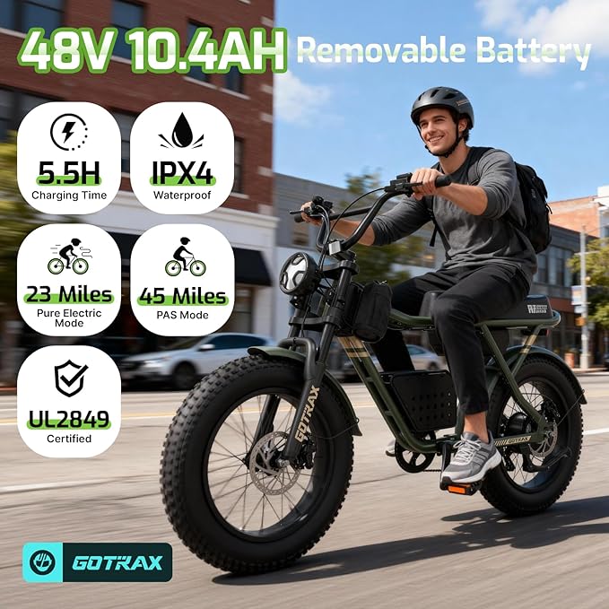 Gotrax R7 Electric Bike for Adults, 750W Motor, 25mph, Max 45-Mile Range, 20" Fat Tire, UL Certified, 48V Removable Battery, Oversized Padded Seat, Basket&Frame Bag, Easy Assembly for City&All-Terrain