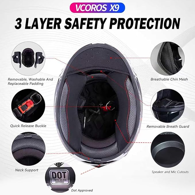 VCOROS Full Face Dual Visor Motorcycle Helmet for Adults Motorbike Street Bike Racing Helmets X9 DOT Approved with Black Visor