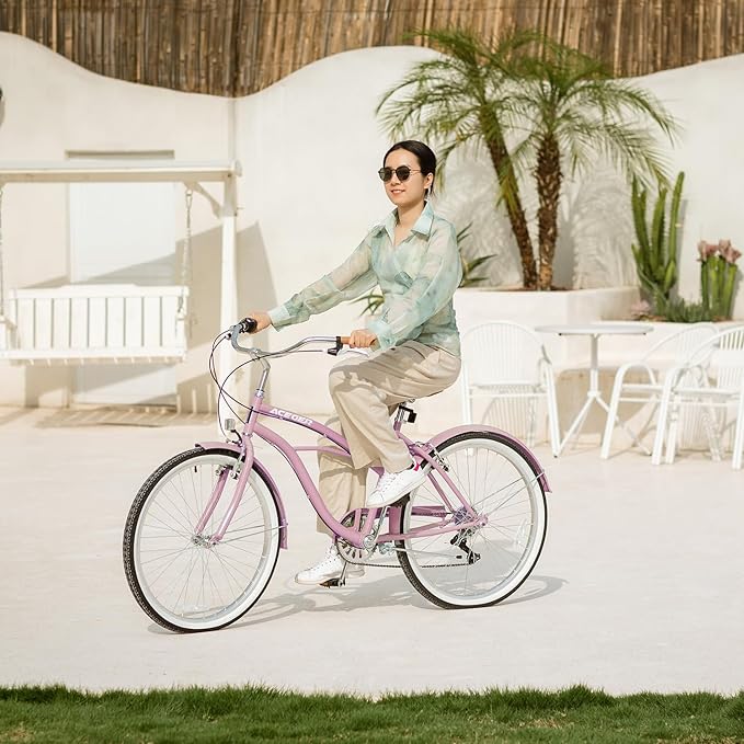 ACEGER 24 26 Inch Women Beach Cruiser Bike, Single Speed and 7 Speed, Adult Hybrid Bike Commuter Bicycle, Hi-Ten Steel Frame with Adjustable Handlebar and Saddle, Multiple Colors