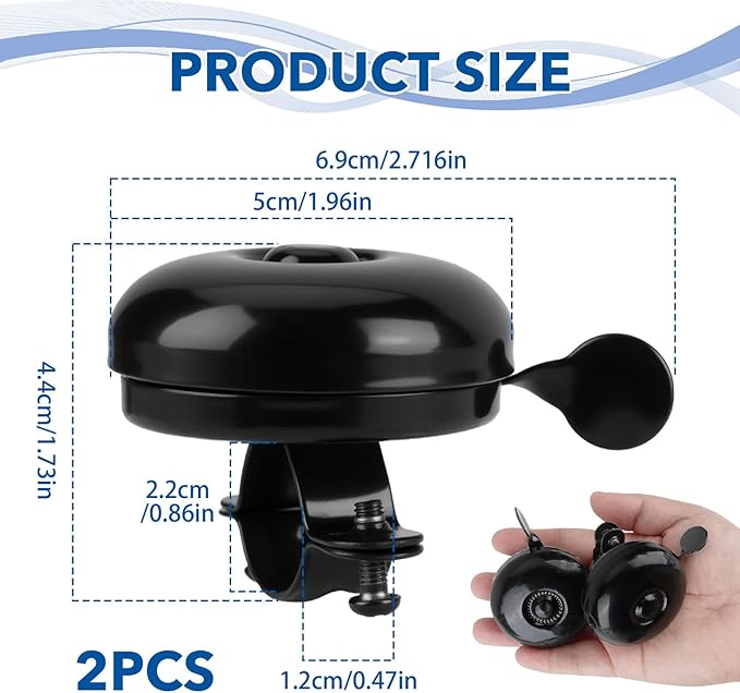 Aluminum Bike Bell 2 Pack, Loud Clear Sound Bicycle Bell for Adults & Kids Bikes, All-Metal Anti-Rust Cycling Bell, Easy Install for Road & Mountain Bike Accessories