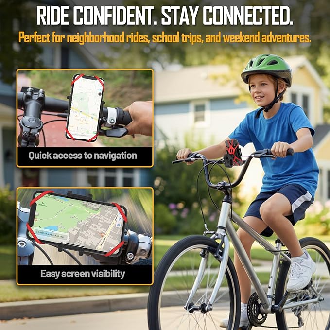 TruActive Premium Bike Phone Mount Holder for Kids and Teens | Universal Cell Phone Mount for 4"-7" Phones | Includes 6 Reusable Color Bands | Tool-Free Handlebar Mount Install for Boys & Girls Bikes