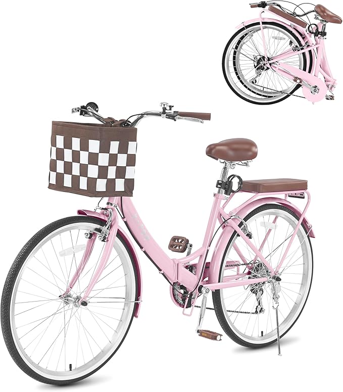 24/26 Inch Foldable Beach Cruiser Bike for Women, 7 Speed Folding Bikes for Adults, Womens City Bike with Basket & Adjustable Seat, Step Through Commute Bikes for Women Adults