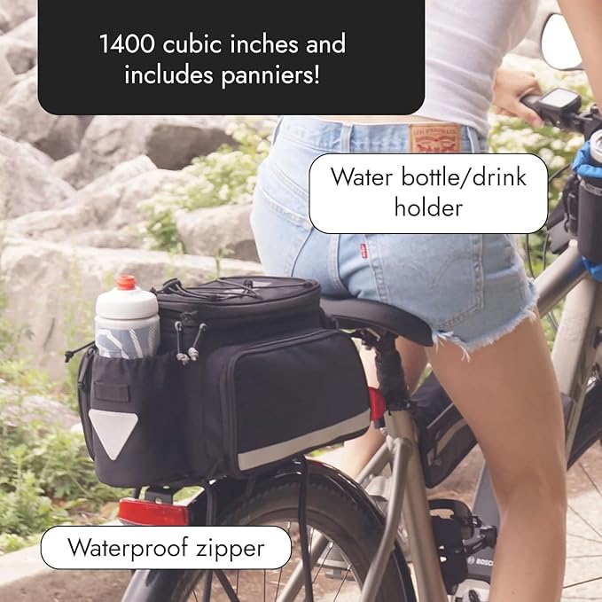 BiKase Big Daddy Expandable Rack Bag with Panniers, Ideal for E-bikes & Bicycles - Waterproof Rear Bike Trunk with Ice Compartment, Phone & Bottle Pockets, Reflective for Safety