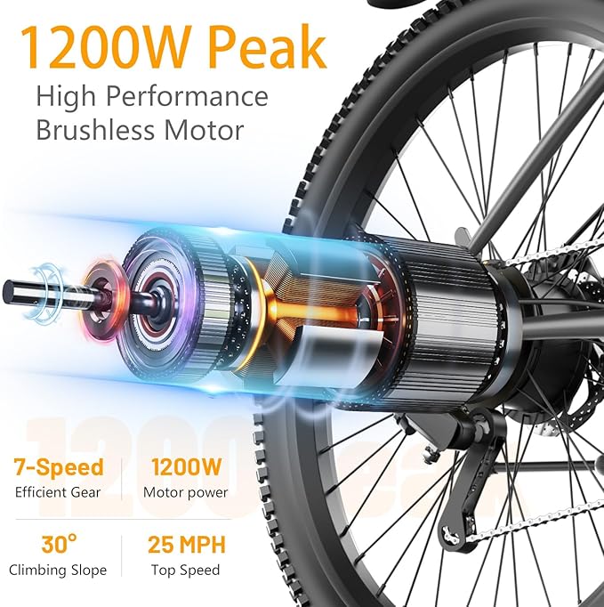 26'' Electric Bike for Adults 1200W Peak Motor 55 Miles Long Range 25MPH Commuter E-Bike with 7 Speed Gears IPX7 Waterproof Pedal Assist Electric Mountain Bicycle for Men