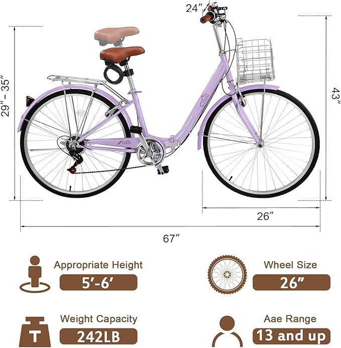 Foldable Cruiser Bike 7-Speed Cruiser Bike 26Inch Women Bicycle with Ergonomic Upright Frame, Effortless 7-Speed Shifting and Lightweight Design for Adult Men and Women