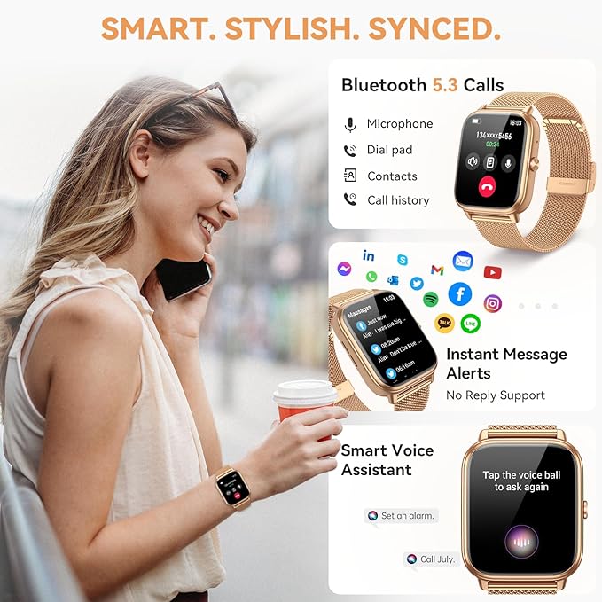 Smart Watch for Women Men- 1000mAh Battery Answer/Make Call, Fitness Step Tracker Watch with Sleep Monitor/Activity Counter/110+ Sport Mode for Andriod iPhone iOS Compatible - 3 Straps, Golden