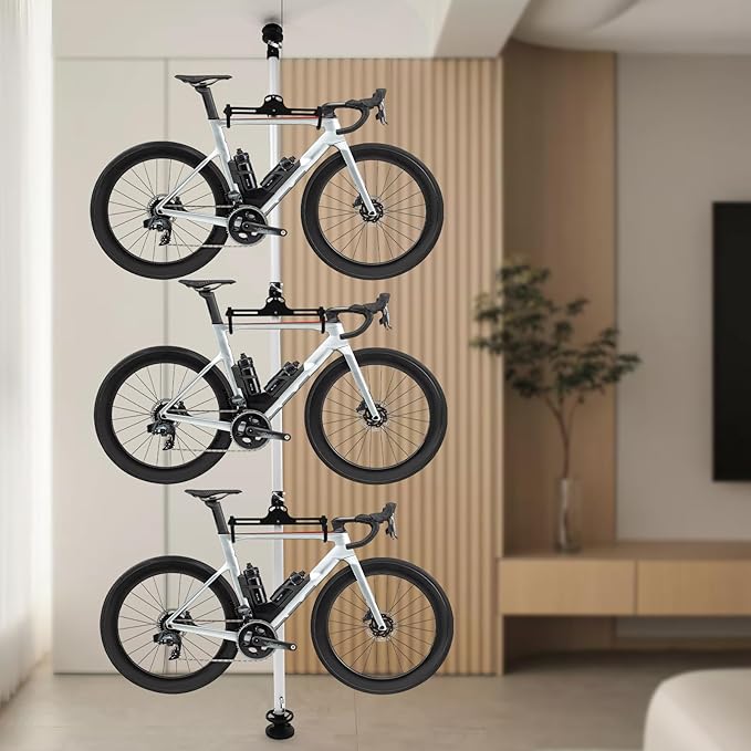 3-Bike Vertical Storage Rack, Adjustable Floor to Ceiling Bike Stand Holder with 3 Hooks, for Mountain Road Kids Bicycles in Garage, Indoor Use, 66 lbs Capacity