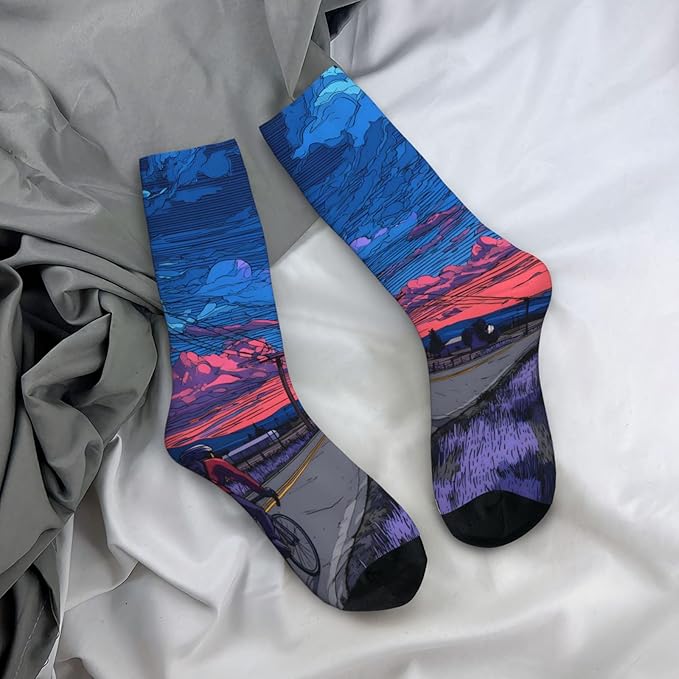 (Cycling on the road) Mid Calf Socks Breathable Adult Unisex Socks Casual Daily Wear for Women Men
