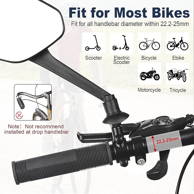 Zacro 2 Pack Bike Mirror, Bike Mirror Handlebar Mount, 360°Adjustable Bicycle Rear View Mirror, Scratch Resistant Glass Lens, Fit for Mountain Bikes, City Road Bikes, E-bikes, Scooter
