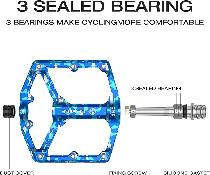 Road/Mountain Bike Pedals - 3 Bearings Bicycle Pedals - 9/16” CNC Machined Flat Pedals with Removable Anti-Skid Nails