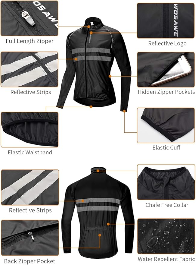 WOSAWE Packable Cycling Jacket Hooded Running Coat Lightweight Biking Windbreaker