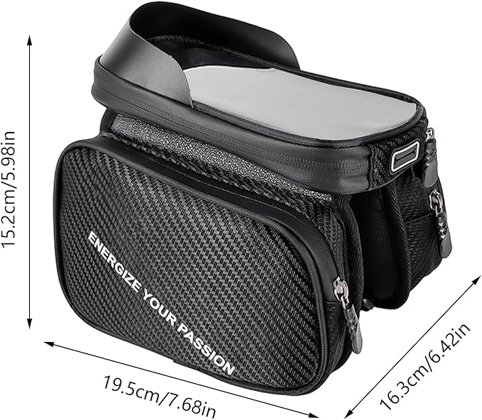 Portable Bag Bike, Waterproof Touchscreen Phone Holder, 8 Inches Road Bike Top Tube Pouch with Zipper, Polyester Cycling Storage with Reflective Strips, Electric Scooter Gear Organizer Easy Access