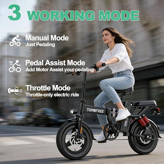 Tomofree Folding Electric Bike for Adults 20-24MPH Peak 750W EBike, 48V 20AH Removable Battery for Electric Bicycles, 40Miles Max Range, 10 Shock Absorbers, 14'' Fat Tire Foldable E-Bike, PAS E Bike