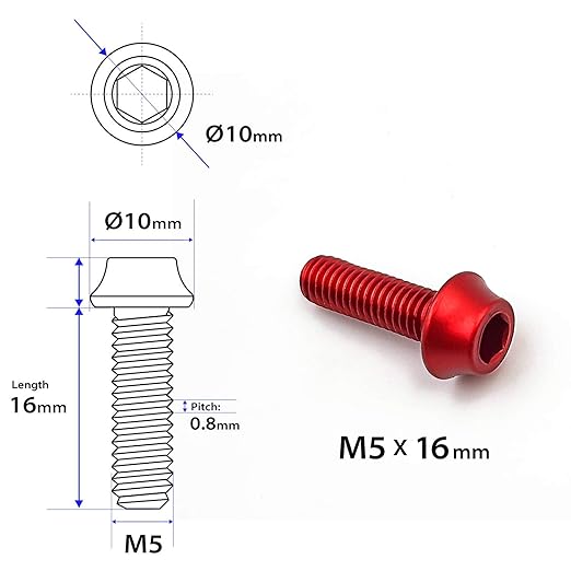 ONIPAX Aluminum Water Bottle Cage Bolts M5 x 16mm Pack of 4 pcs (Red)