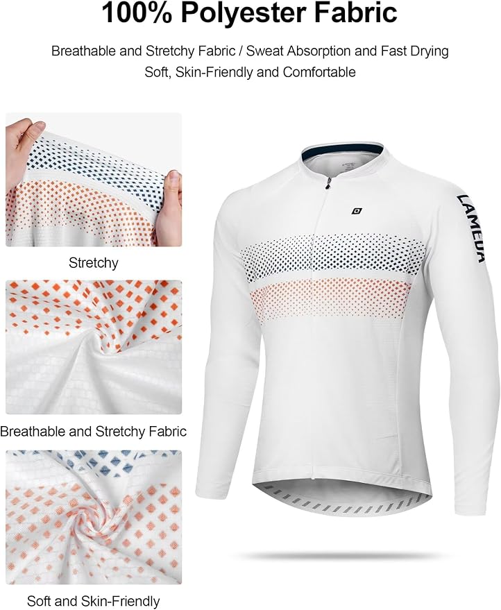 LAMEDA Men's Cycling Jersey Long Sleeve, Breathable Moisture Wicking Bike Shirt, Lightweight Biking Shirt with 3 Rear Pockets