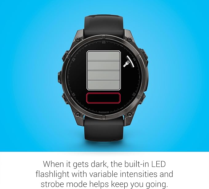 Garmin Fenix 8 Premium Multisport GPS Running Smartwatch, 47 mm | AMOLED, Dive-Rated, Built-in Flashlight | Carbon Gray DLC Titanium with Pebble Gray Band with Signature Series Charging Stand