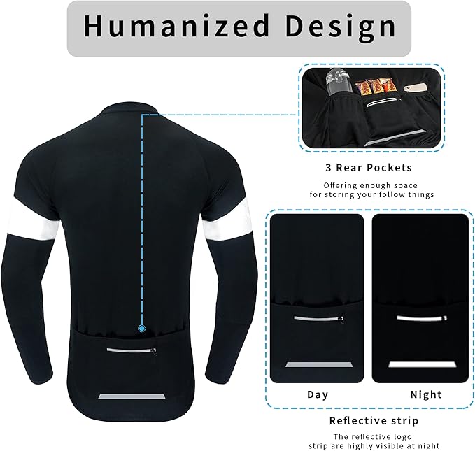 Dooy Men's Cycling Bike Jersey Long Sleeve Full Zipper Biking Shirt with 3 Rear Pockets, Breathable MTB Shirts Basic Series