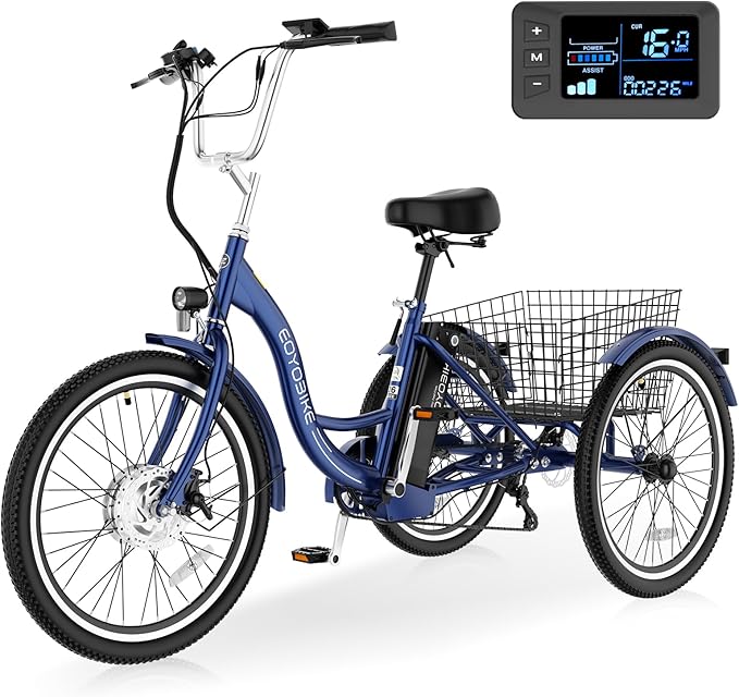 Electric Tricycle for Adults Seniors, 24/26 Inch 3 Wheel E-Trike, 350W Motor (700W Peak), Removable 36V Battery, Up to 15.5MPH, 25-60Mile Range, Low Step-Through, Rear Basket, 350lbs Capacity, 7 Speed