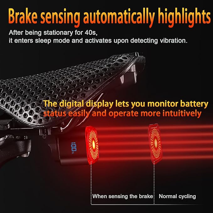【2025 Upgraded Version】 Smart Bike Tail Light with Digital Battery Display, 6 Modes Auto Bike Brake Rear Light, Auto Sleep & Motion Activation, IPX6 Waterproof,USB-C Rechargeable LED Warning Light