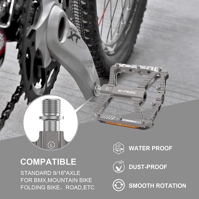 Mountain Bike Pedals MTB Pedals,Bicycle Pedals with Reflectors,Aluminum 9/16" 3 Sealed Bearing Lightweight Platform for Mountain Bike, BMX, Road Bike Pedals