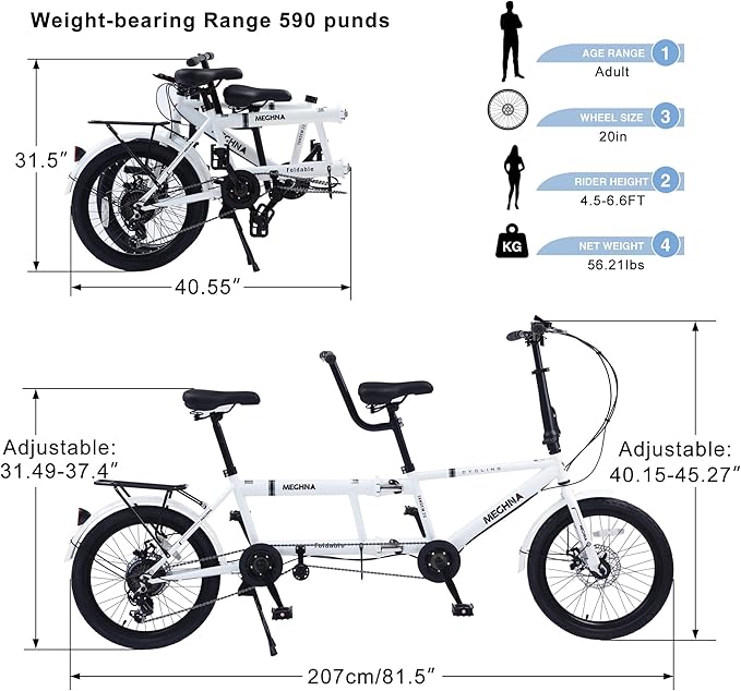 Foldable Tandem Bike, 20”City Tandem Folding Bicycle, 7-Speed Adjustable Cruiser Bike Folding Bike with 3 Seats& Disc Brake, CE FCC CCC