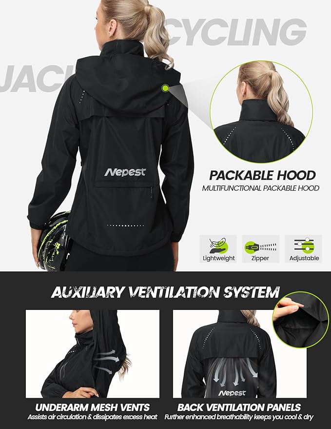 Nepest Womens Cycling Rain Jackets Lightweight Waterproof Biking Running Windbreaker UPF 50+ Reflective Packable Hooded
