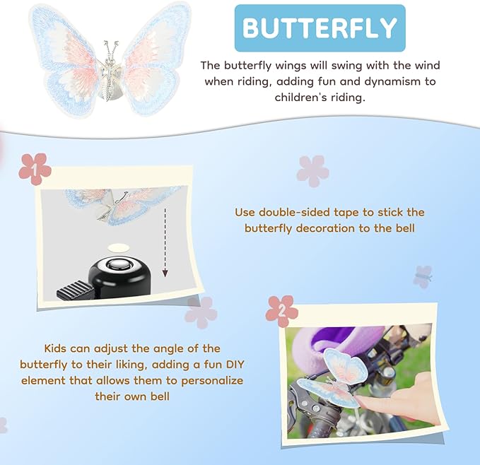 Kid's Bike Bell, Bicycle Horn for Girls, Children’s Bike Bells with Butterfly Design - Cute DIY Bicycle Bell for Girls, Crisp Sound, Easy to Install