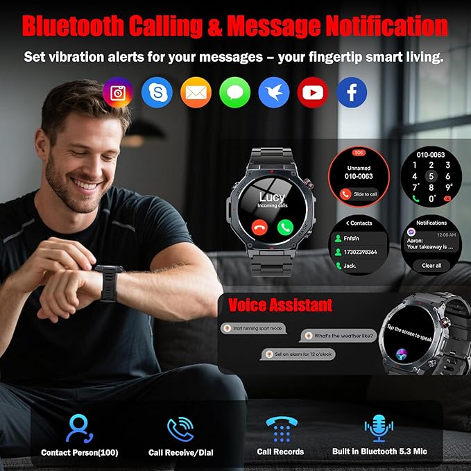 Military Smart Watch for Men Built-in GPS with LED Flashlight Compass, 1.43" AMOLED Display 5ATM Waterproof Fitness Tracker with Heart Rate/Sleep/Blood Oxygen, Watches for Android/iPhone, Black