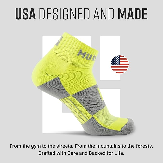 MudGear Quarter Crew Trail Socks, Blister-Resistant, Sweat-Resistant & Quick-Drying, Cushioned Footbed, Made in USA, 2-Pack