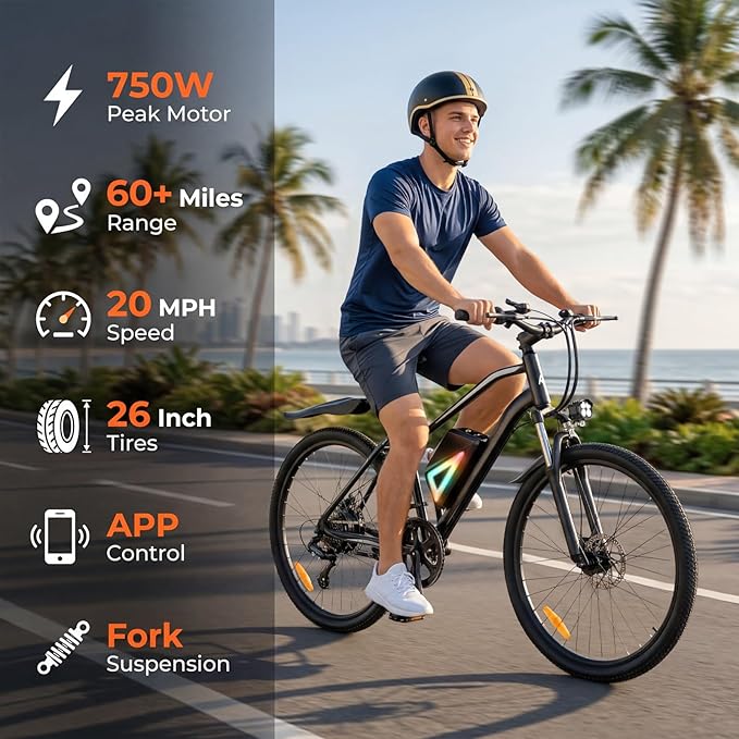Electric Bike, 750W Peak Motor, 60+ Miles & 20MPH, 26'' Tires E-Bikes, Shock Absorber, Commuting Electric Bike for Adults