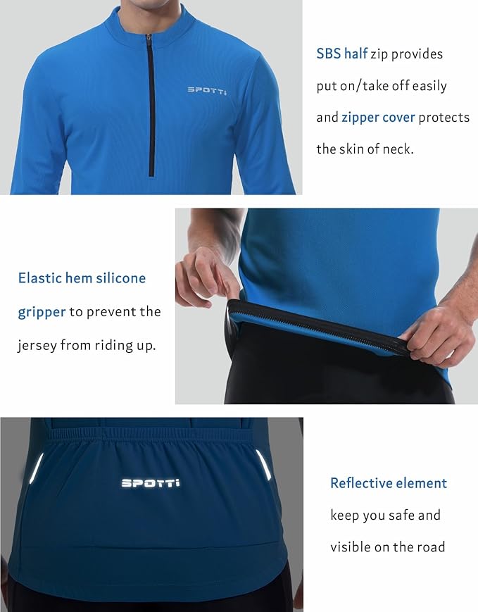 Spotti Men's Cycling Bike Jersey Long Sleeve with 3 Rear Pockets - Moisture Wicking, Breathable, Quick Dry Biking Shirt